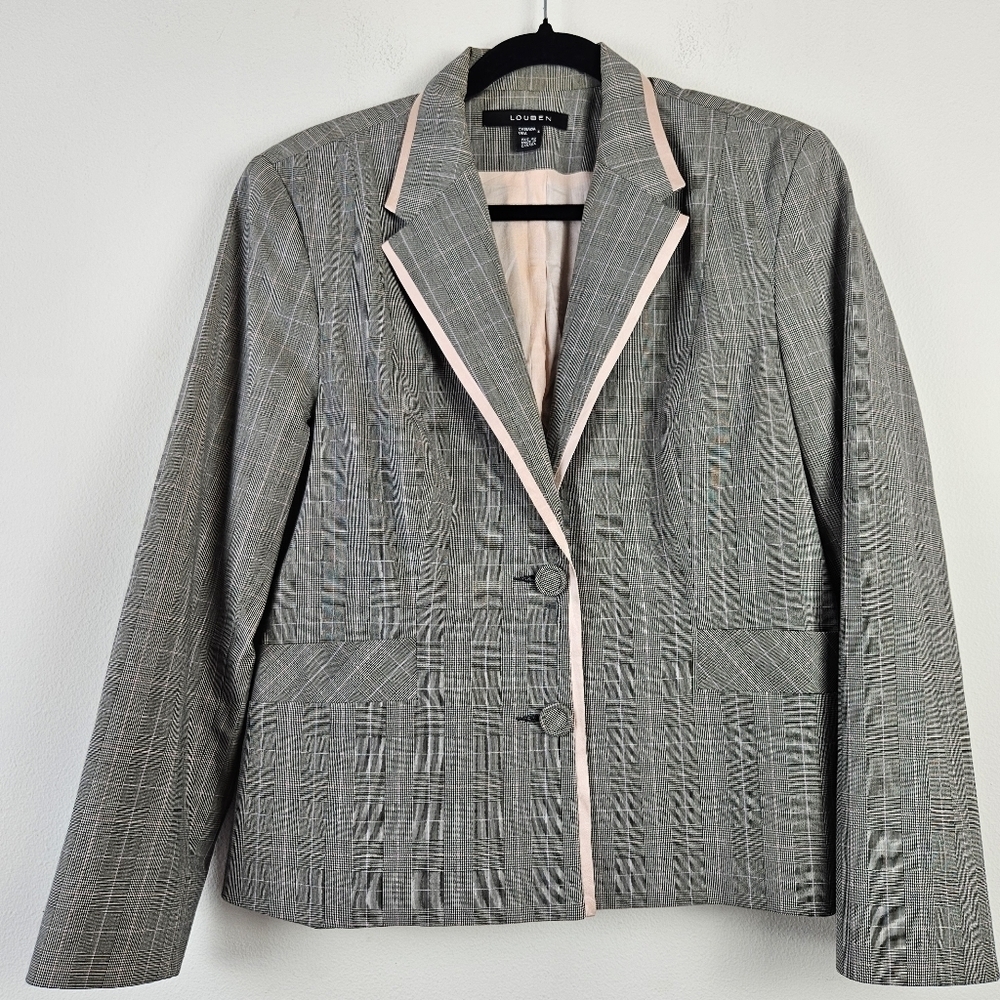 LOUBEN Canada fitted Lined Plaid Blush Pink Trim Blazer Size 6
